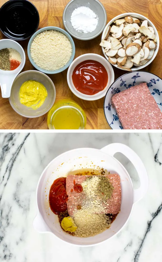 Ingredients for making this vegan Salisbury Steak are assembled on a wooden board.