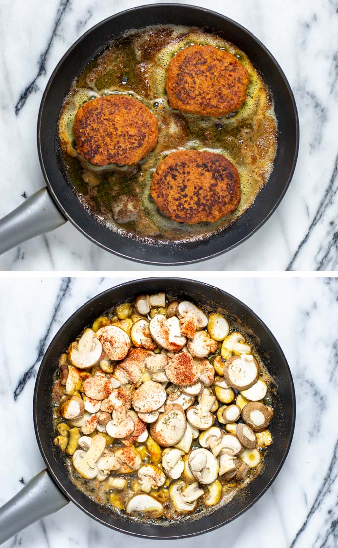 Mushroom slices are sautéed in vegan butter.