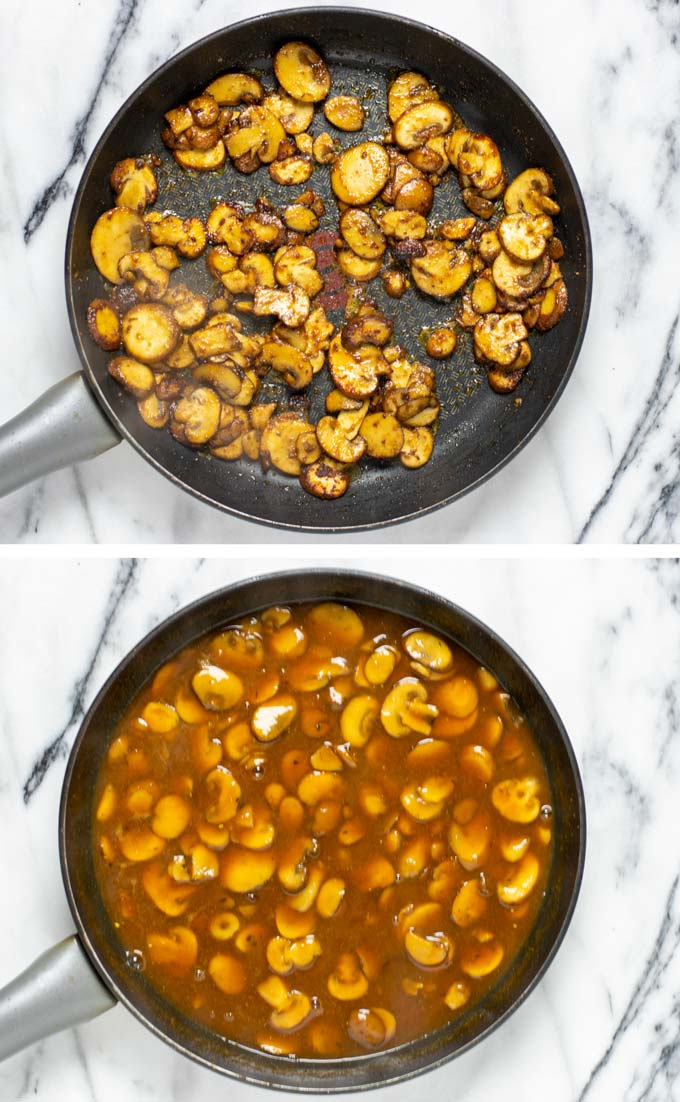 Before and after views of making the mushroom gravy.