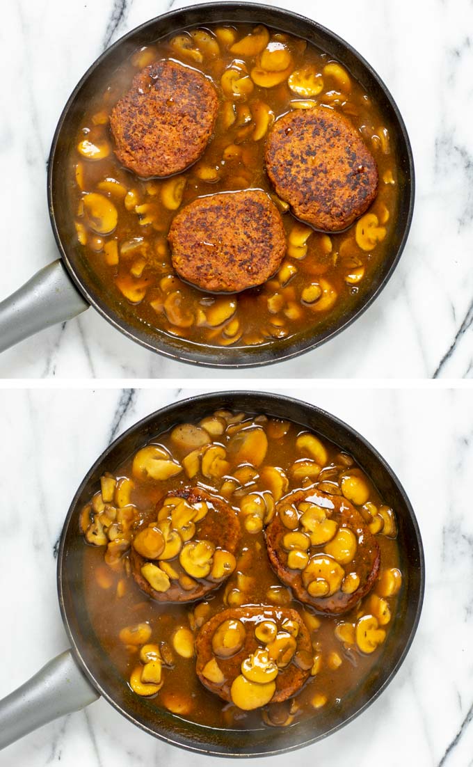 The prefried vegan steaks are added into a pan with the gravy and basted with it.