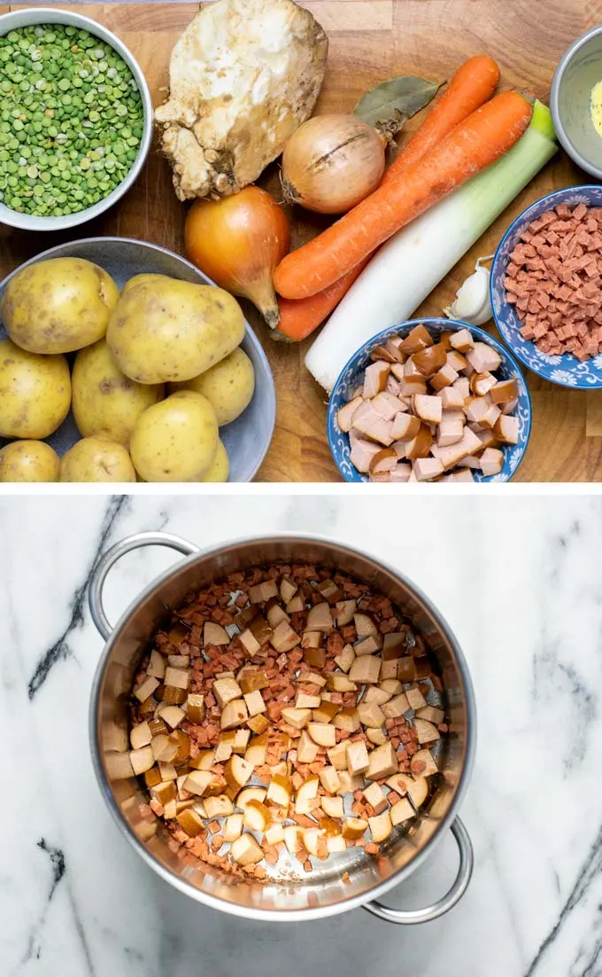 Ingredients needed to make the Split Pea Soup are assembled on a wooden board.