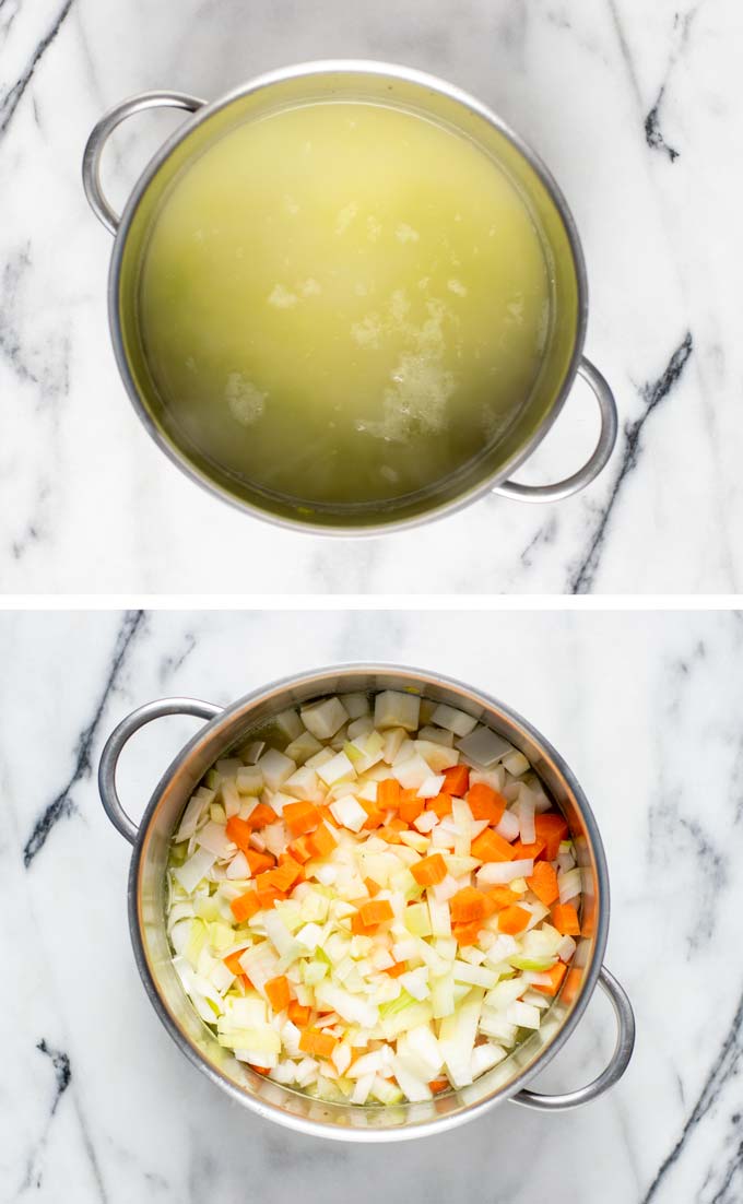 Showing how fresh vegetables are added to the half-cooked peas in a large pot.