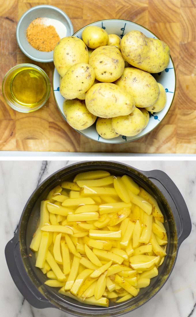 Ingredients needed to make these Cajun Fries are assembled on a wooden board.