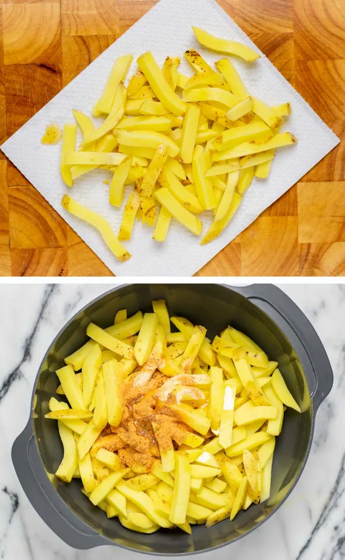 Showing how the soaked cut potato fries are first drain and dried, then mixed with the Cajun seasonings in a large bowl.