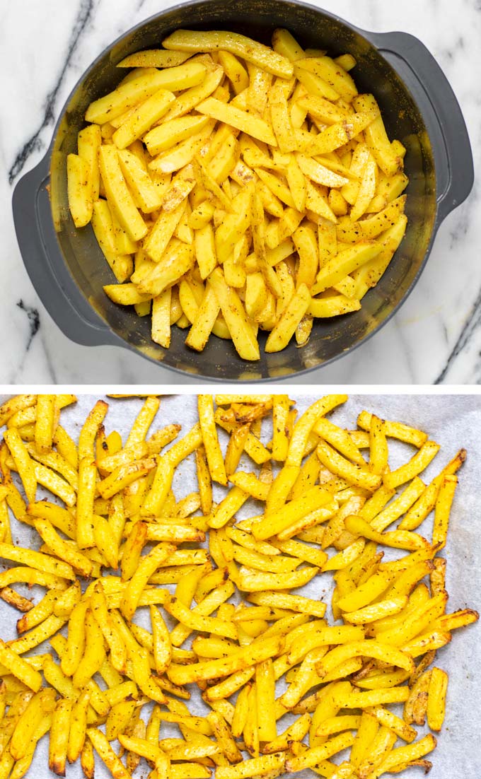 Showing the mixed Cajun Fries before and after baking in the oven.