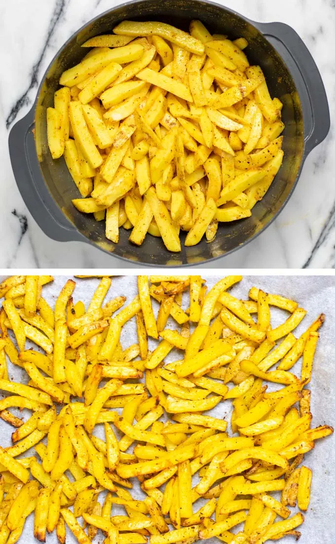 Showing the mixed Cajun Fries before and after baking in the oven.