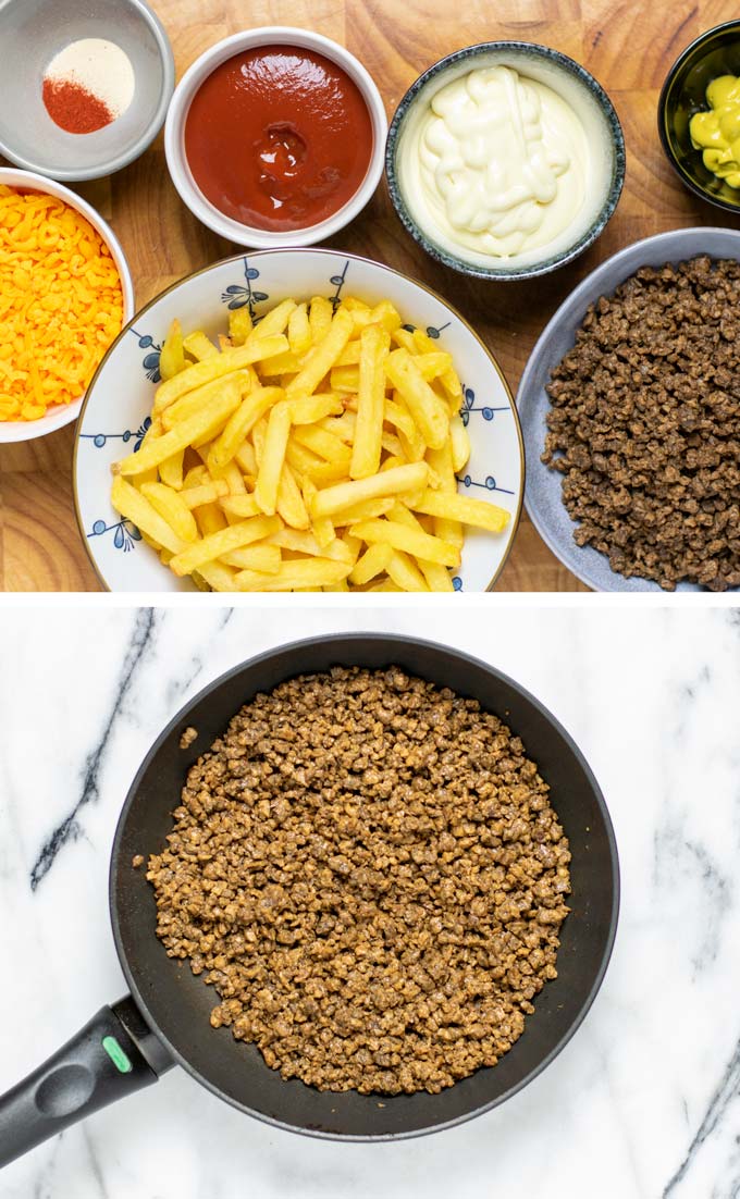 Ingredients needed to make this Cheeseburger Casserole are assembled on a wooden board.