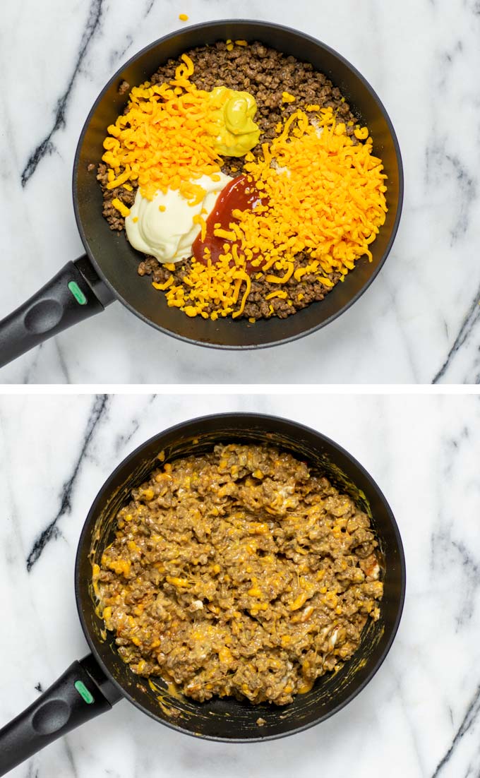 Before and after view of making the vegan ground beef and cheese mix in a sauce pan.