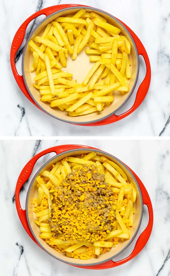 Showing how the Cheeseburger Casserole is assembled.