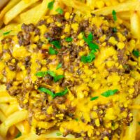 Top view of the Cheeseburger Casserole garnished with fresh parsley.