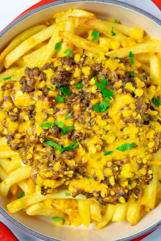 Top view of the Cheeseburger Casserole garnished with fresh parsley. 