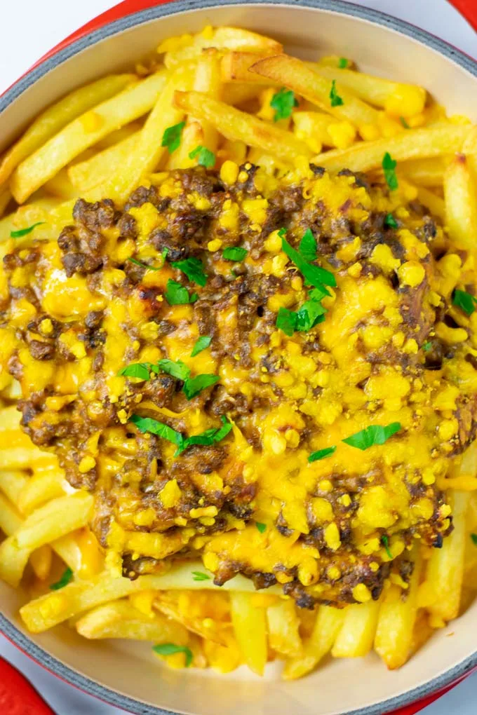 Top view of the Cheeseburger Casserole garnished with fresh parsley.