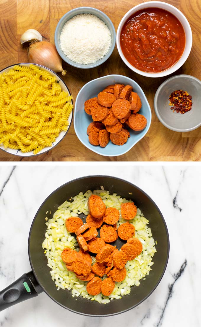 Ingredients needed to make this Chorizo Pasta are collected on a wooden board.