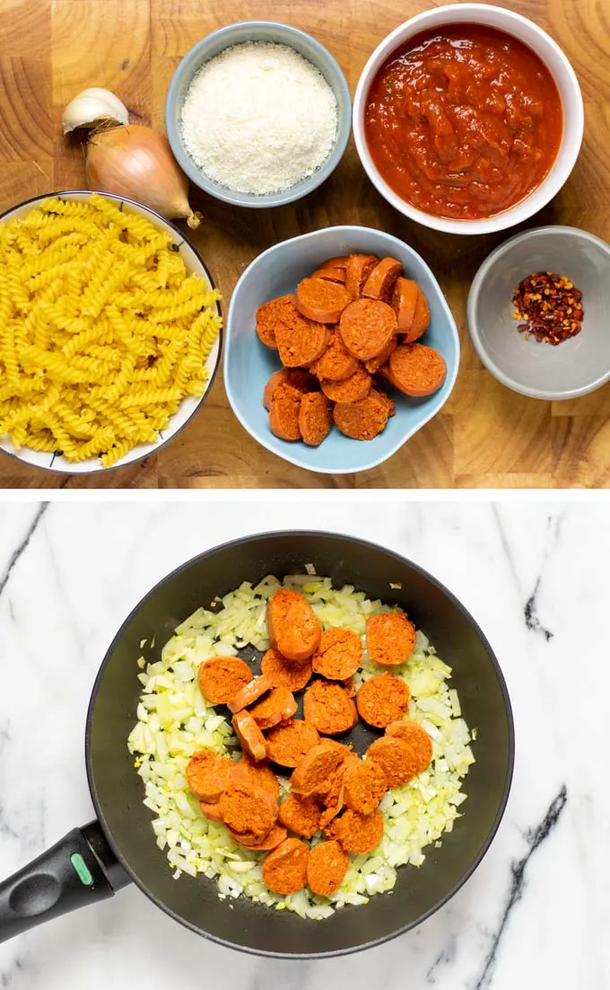 Ingredients needed to make this Chorizo Pasta are collected on a wooden board.