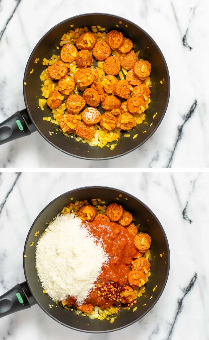 Combined view of a frying pan with onions and chorizo slices, and how tomato sauce and vegan cheese is added.