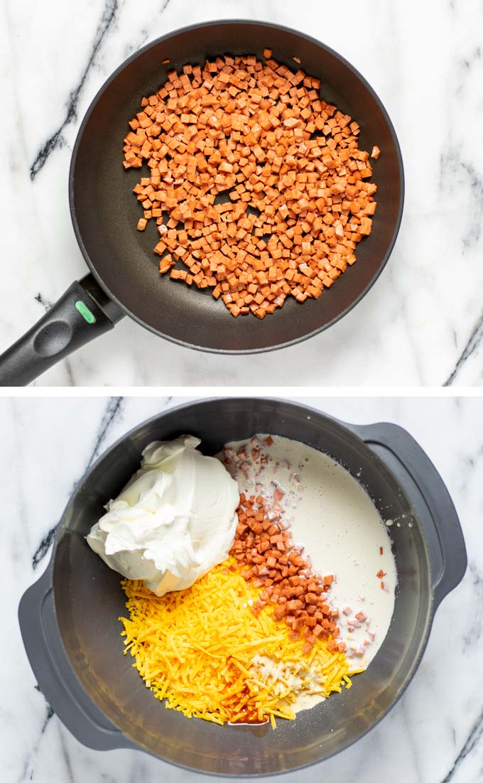 Showing vegan bacon fried in a pan, and a bowl with all ingredients.