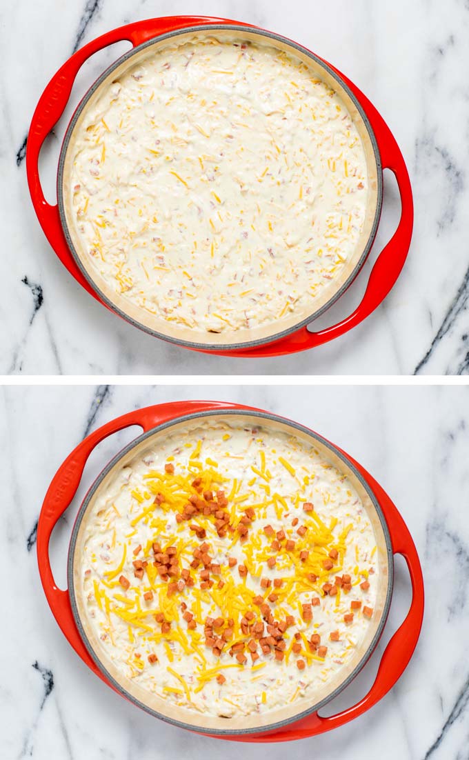 Showing the Hot Cheese Dip in a casserole dish sprinkled with extra vegan cheese and bacon.