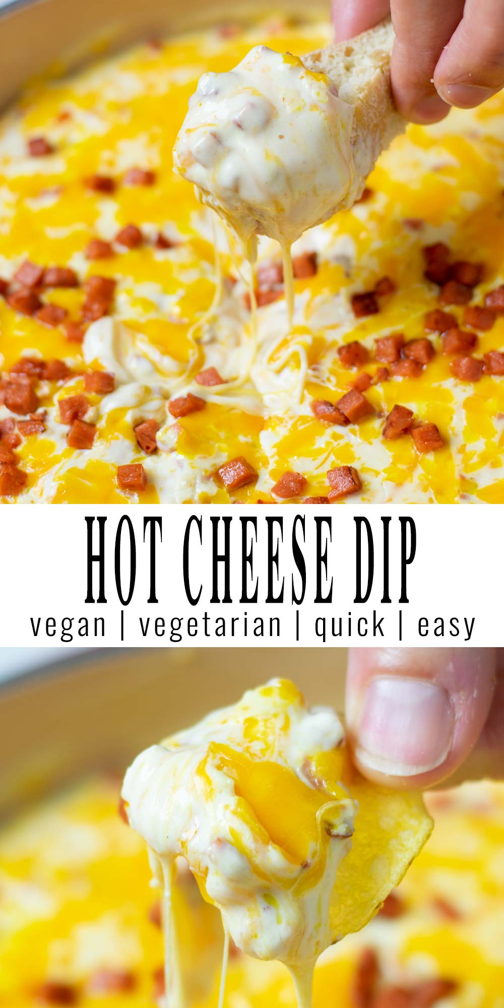 Collage of two pictures of the Hot Cheese Dip with recipe title text.