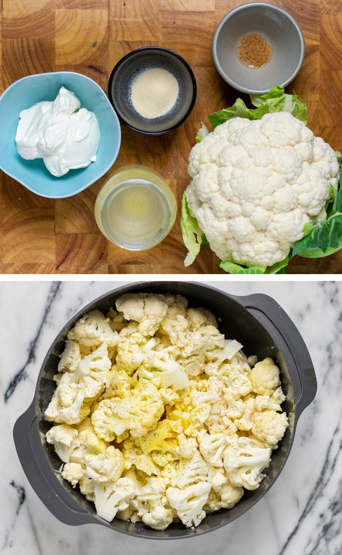 Ingredients for the Roasted Cauliflower Soup are assembled on a wooden board.