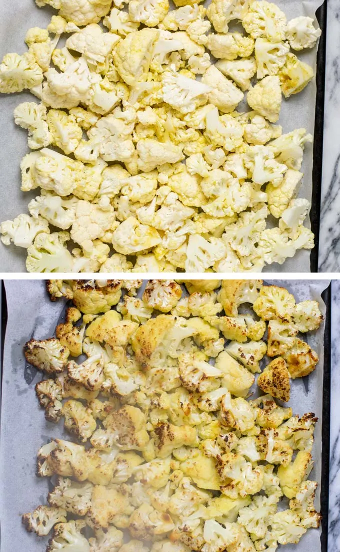 Cauliflower on a baking sheet, before and after roasting in the oven.