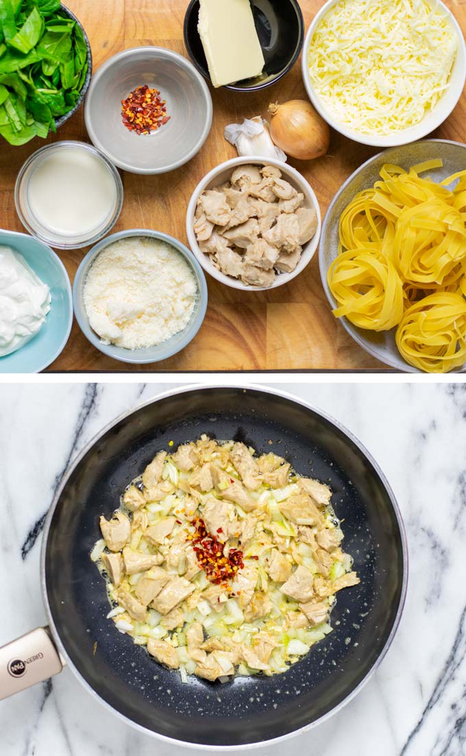 Collection of the ingredients needed to make this Spinach Pasta on a wooden board.