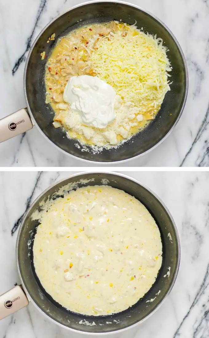 Split view of how vegan cheeses are whisked into the fried chicken in a pan.