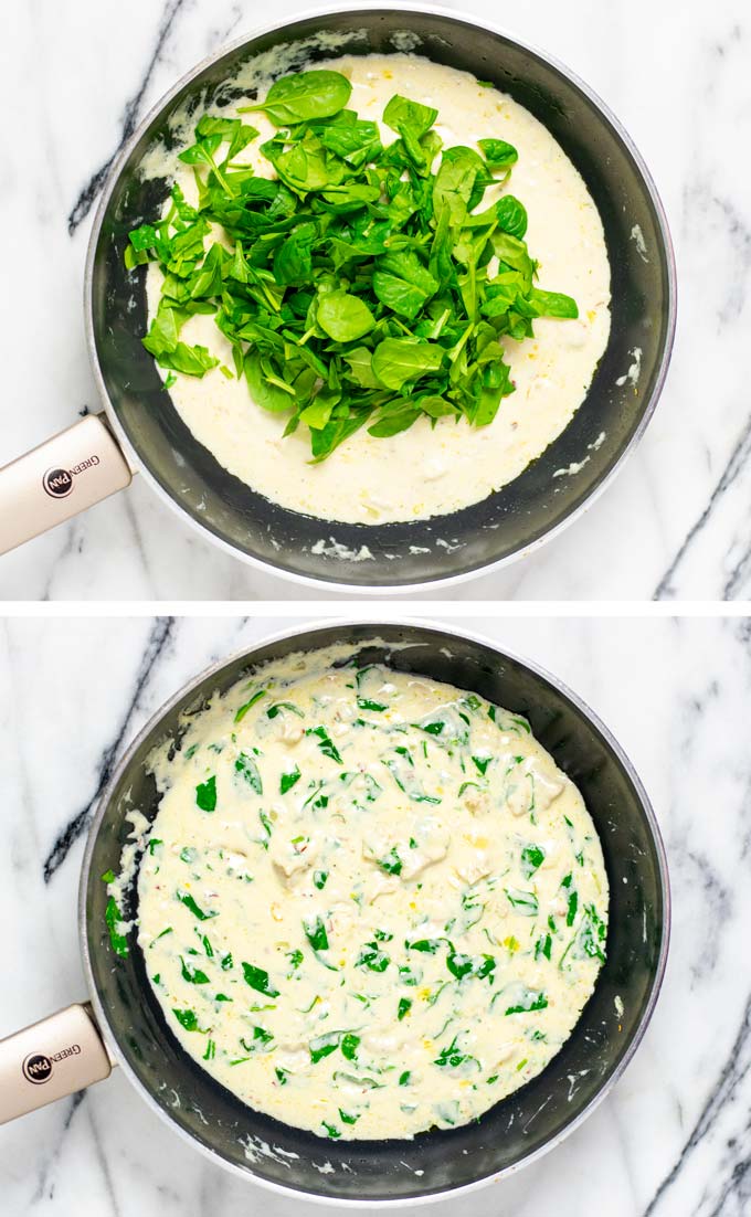 Showing how fresh spinach is added to a pan with the cheese sauce.
