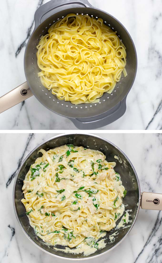 Showing the final step: adding the cooked pasta to the chicken-cheese sauce in a large pan.