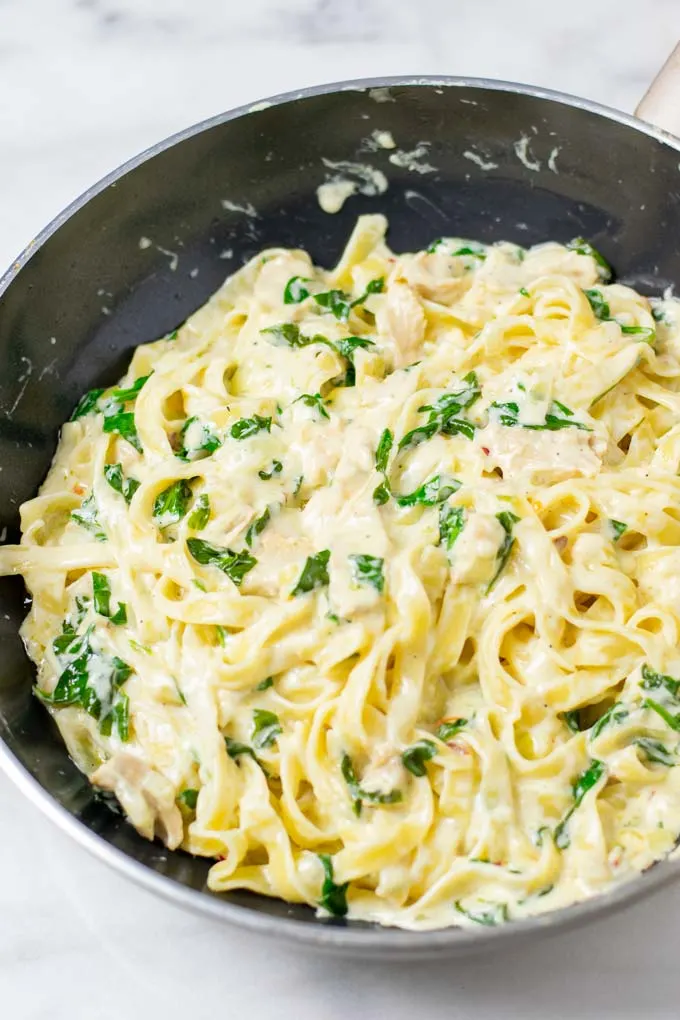 View of the ready Spinach Pasta in a large pan.