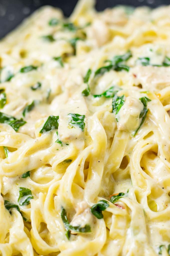 Closeup on the Spinach Pasta, showing the creamy sauce.