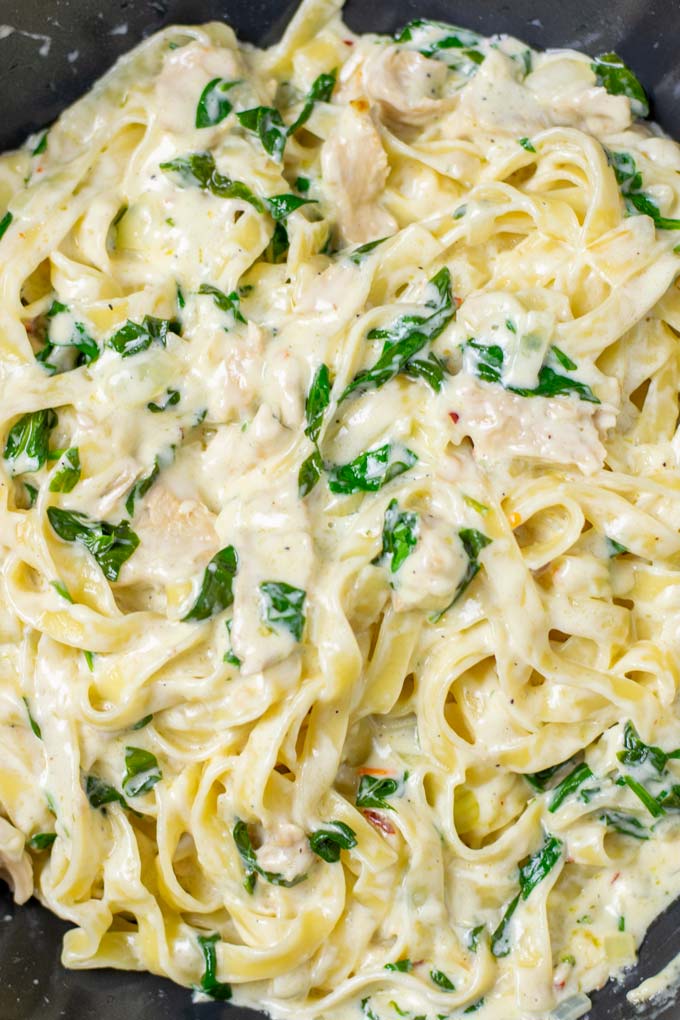 Top view of a pan with the ready Spinach Pasta.