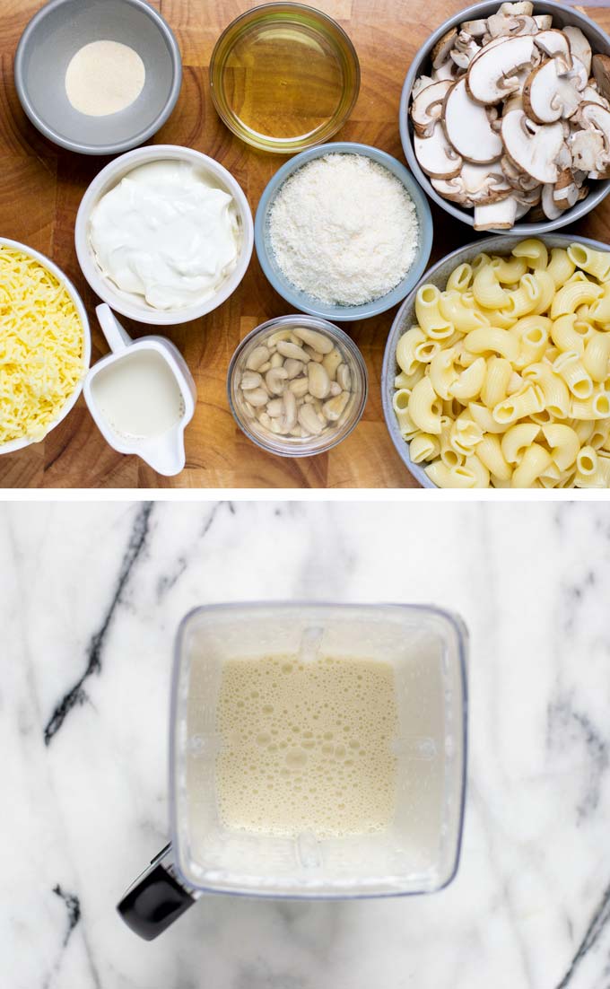 Ingredients needed to make the Truffle Mac and Cheese are assembled on a wooden board.