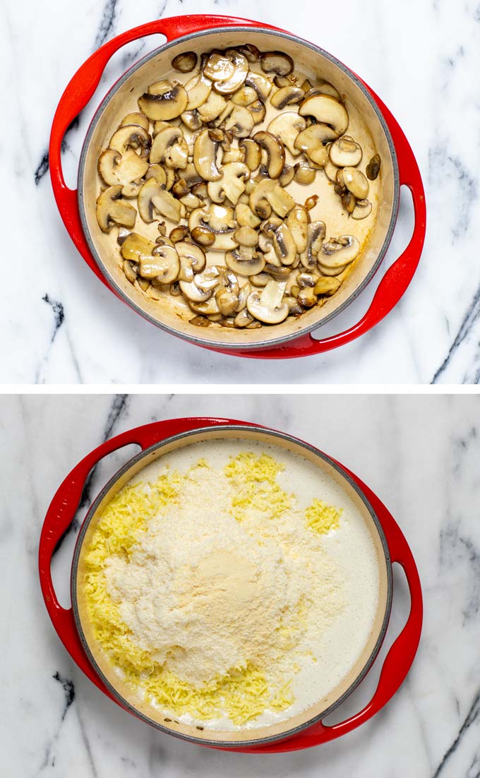 Showing how first sliced mushrooms are fried in truffle oil and then mixed with cheeses.