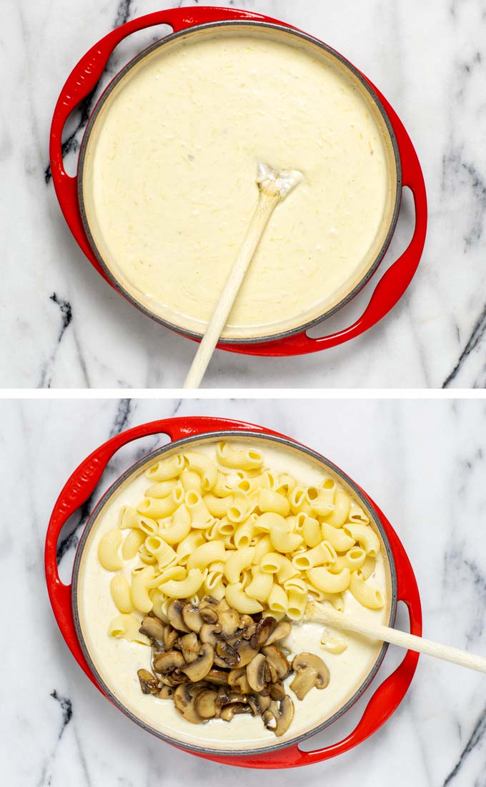 Showing the creamy cheese sauce in a casserole dish and how cooked macaroni and mushrooms are given to the sauce.