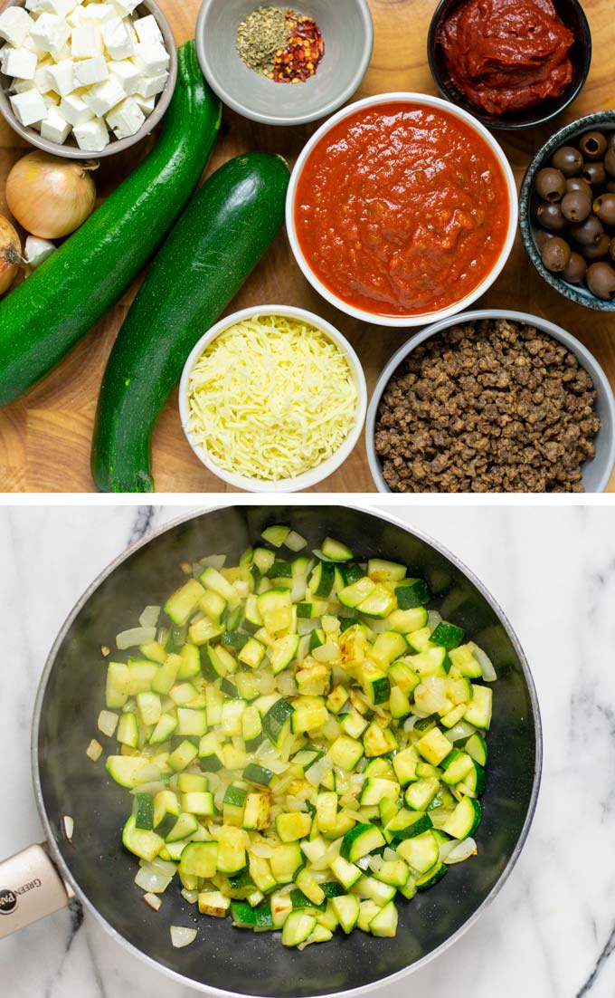 Ingredients needed to make this Zucchini Bake are collected on a wooden board.
