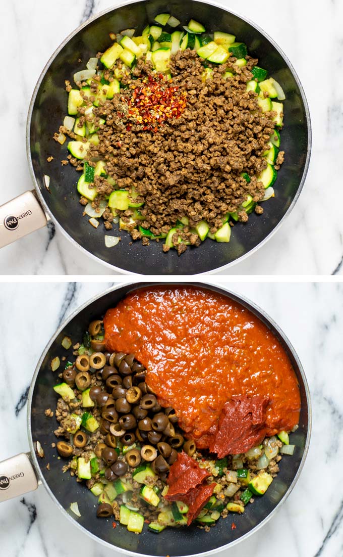 Combined view of how zucchini and vegan ground beef are fried in a pan and then mixed with tomato sauce.