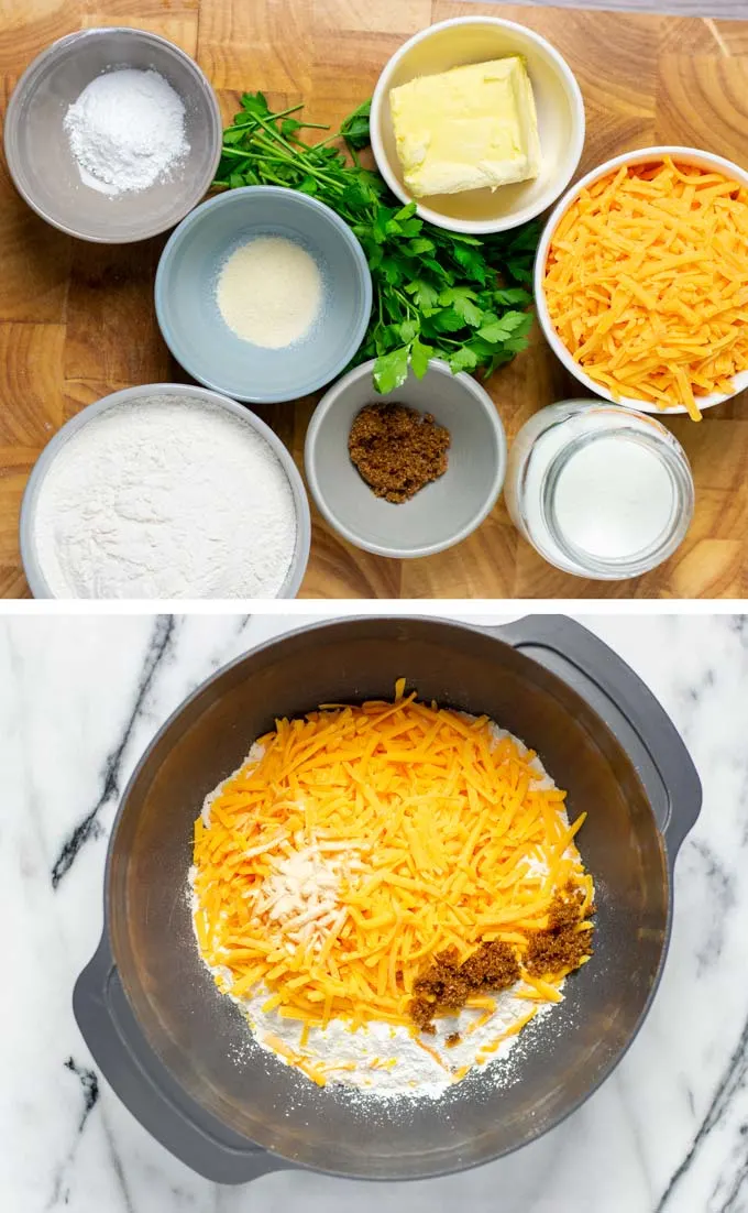 Showing the ingredients needed to make Cheddar Bay Biscuits are assembled on a board.