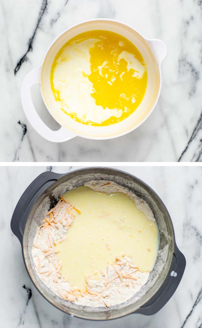 Combined view of a bowl with the liquid ingredients and a large bowl after mixing dry and wet ingredients.