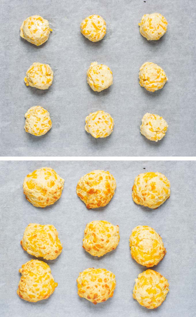 Before and after pictures of biscuits on a baking dish, before and after baking.