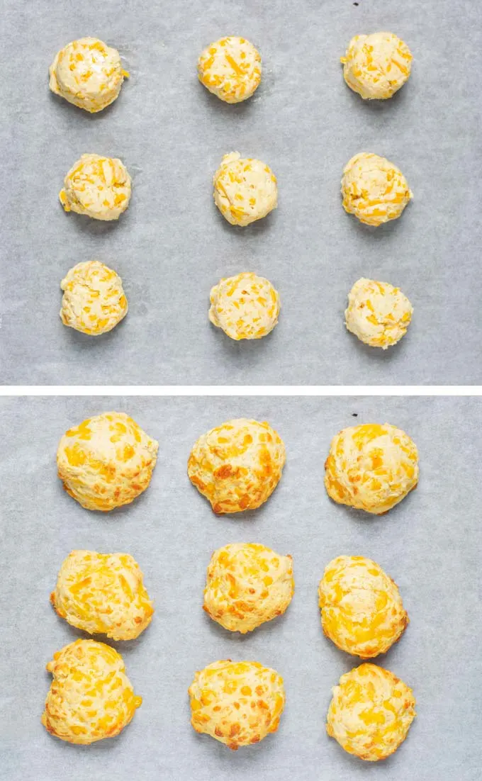 Before and after pictures of biscuits on a baking dish, before and after baking.