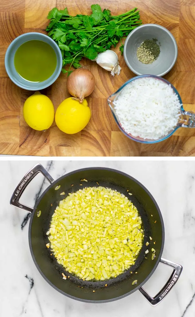 Ingredients needed to make Lemon Rice are collected on a large wooden board.