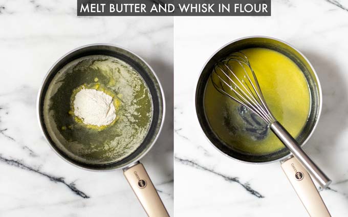 Side by side view of a pot in which butter is melted and flour whisked in.