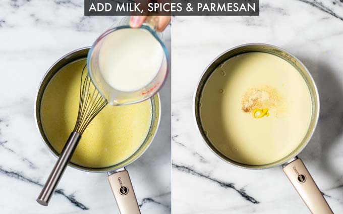 Side by side view of how vegan milk, spices and parmesan is mixed into the white sauce.