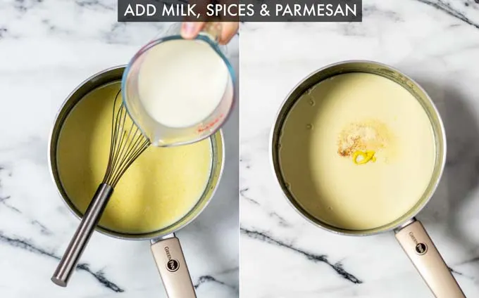 Side by side view of how vegan milk, spices and parmesan is mixed into the white sauce.