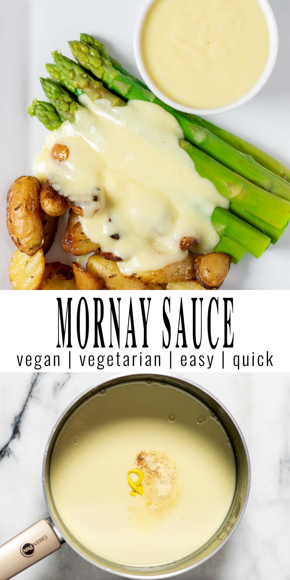 Collage of two pictures of the Mornay sauce with recipe title text.
