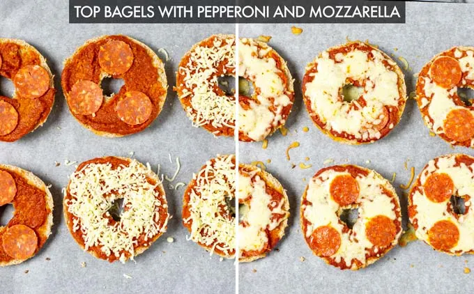 Side by side view of the Pizza Bagels on a baking sheet before and after baking.