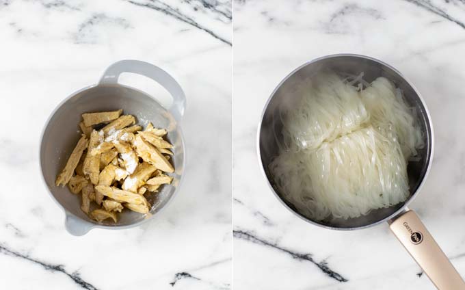 Side by side view of two pictures showing the vegan chicken bits being coated in corn starch and the rice noodles being soaked in hot water.