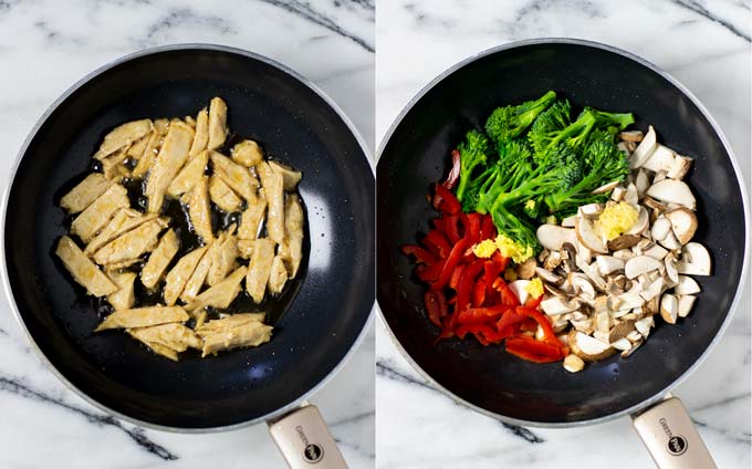 Side-by-side view from the top on a wok showing how vegan chicken ist fried in sesame oil and then how vegetables have been added. 