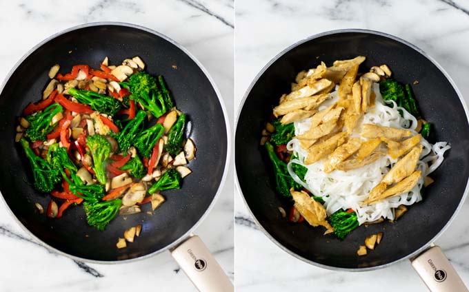 Two pictures of a wok with vegetables after frying and with rice noodles and vegan chicken added back.