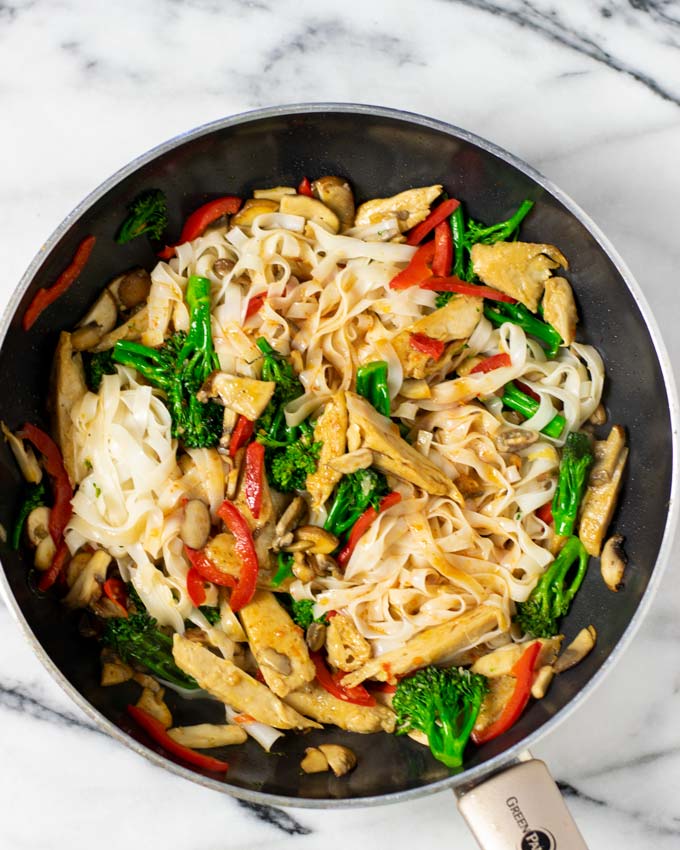 Top view on the ready Rice Noodles in a wok.